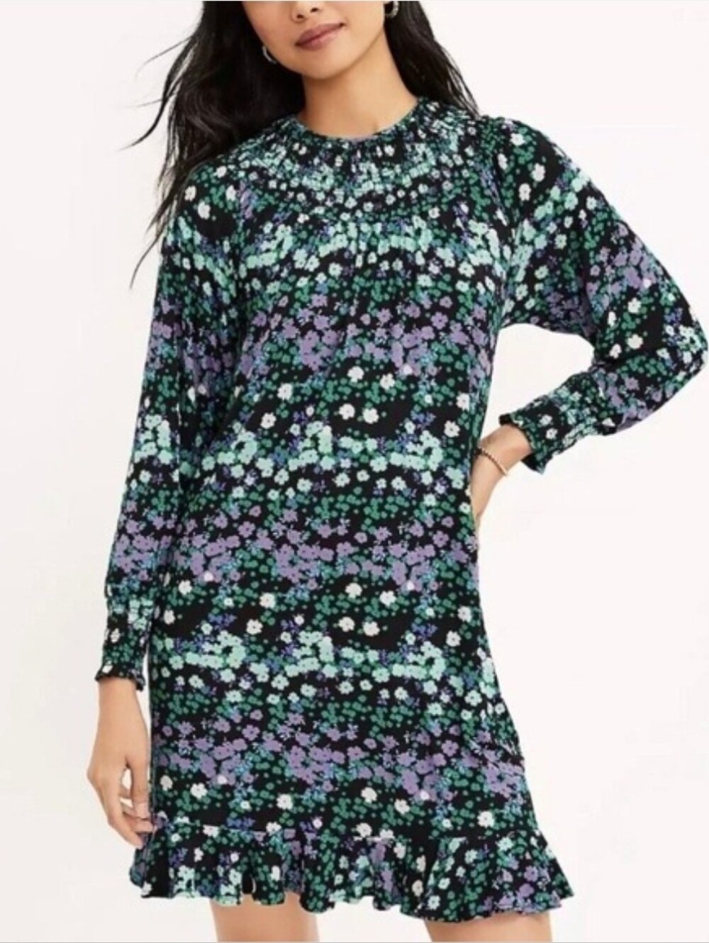 LOFT Floral Long Sleeve Ruffle Hem Dress in Black, Green & Purple